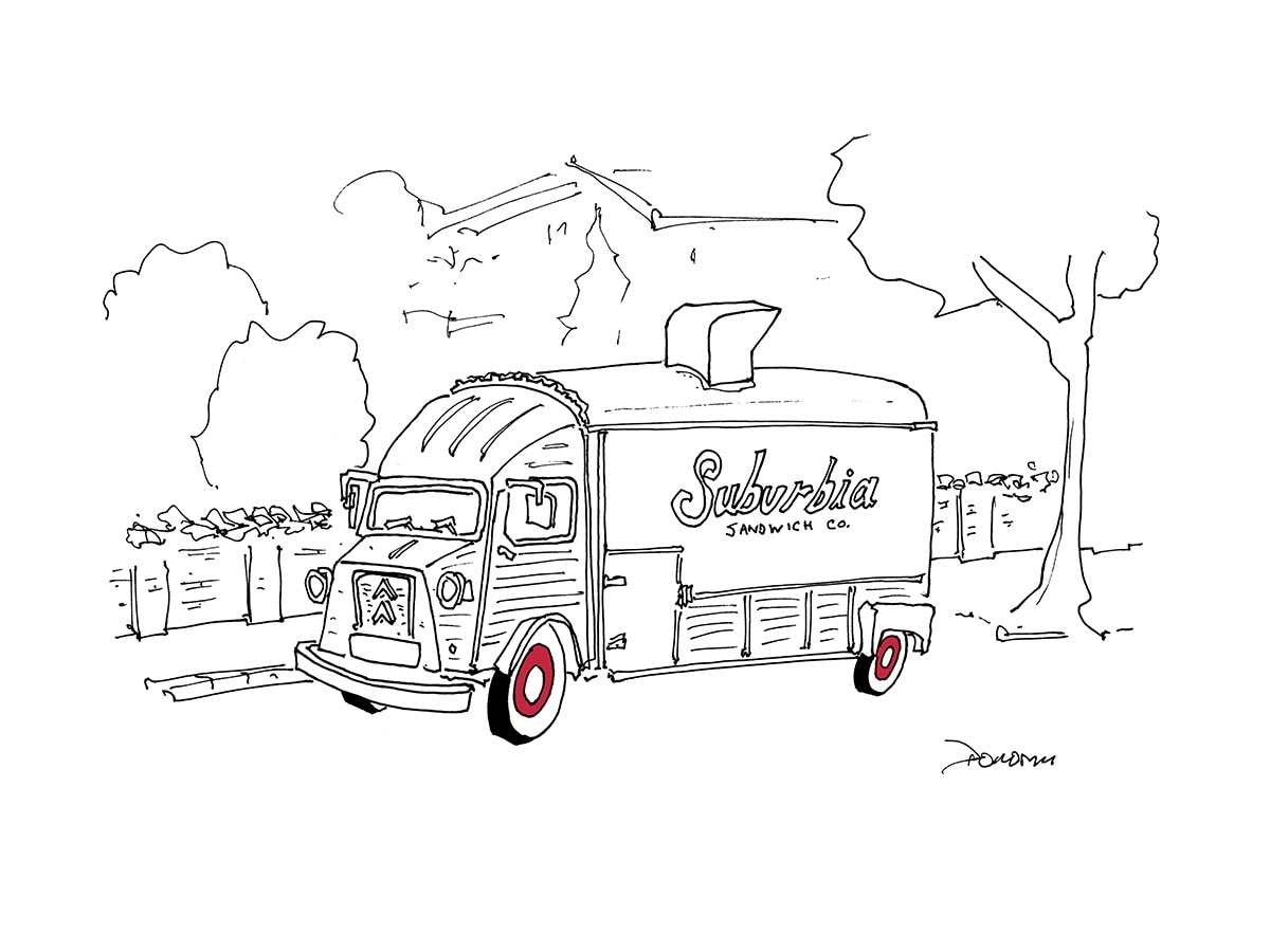Original line drawing of Suburbia Sandwich Company’s vintage Citroën HY truck, with red wheel details and the artist’s signature preserved